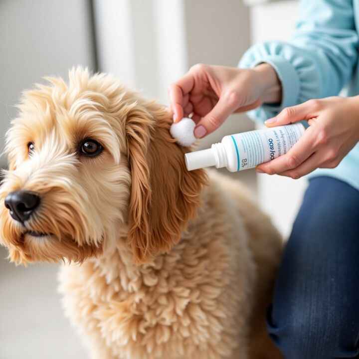 A Goldendoodle getting its ear cleaned by an owner using a cotton ball and a vet-approved ear cleaning solution