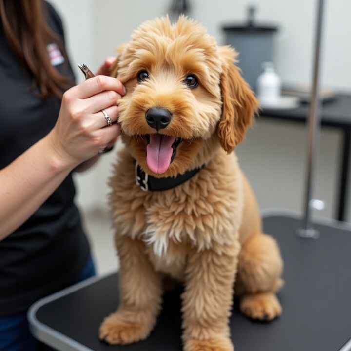 A cheerful Goldendoodle sitting on a grooming table with a groomer carefully trimming the hair around the dogs ears