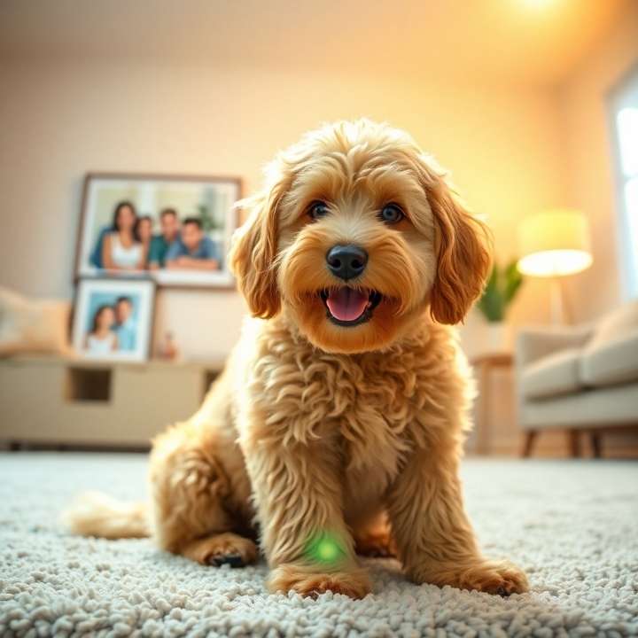 A friendly Goldendoodle with a wavy golden coat sits on a plush rug in a modern living room with warm lighting and a family photo in the background. Bright lens flare, light streaks, vibrant colors