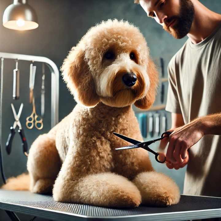 A realistic image of a Goldendoodle being groomed in a professional grooming studio. The dog is on a grooming table, and a groomer is carefully using