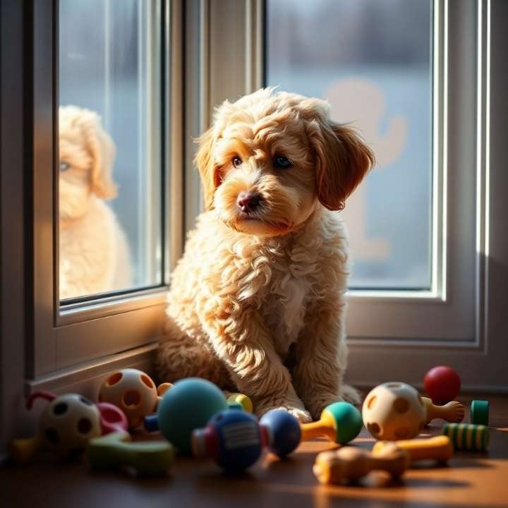 A-sad-Micro-Mini-Goldendoodle-sitting-near-a-window-looking-outside-at-scattered-toys.-Strong-hard-light-smooth-gradient-transitions-seamless-color-blending-direct-harsh-shadows.