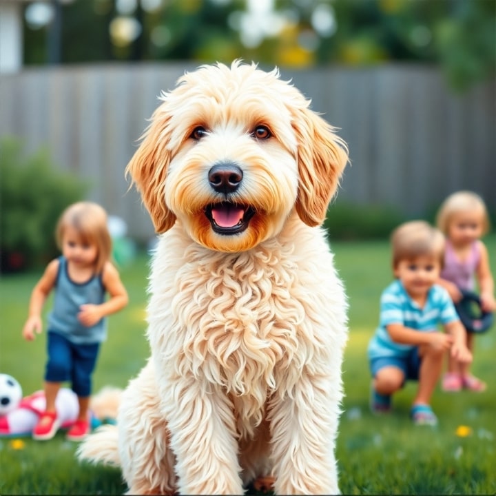 A friendly cream-colored Labradoodle with wavy fur sits in a backyard, children playing in a blurred bokeh background. Bold acrylic painting style, vibrant colors, textured brushstrokes, sharp subject focus, soft b