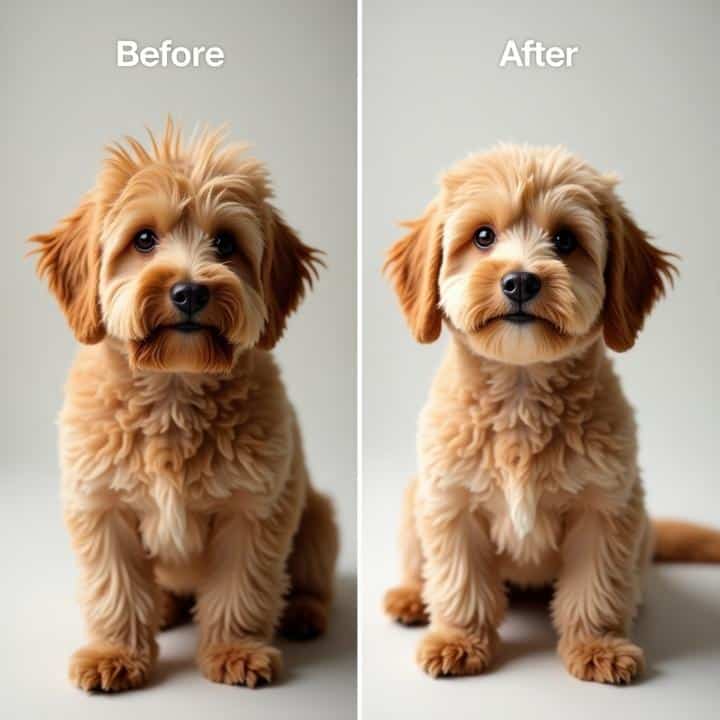 Before and after of a goldendoodle teddy bear hair cut