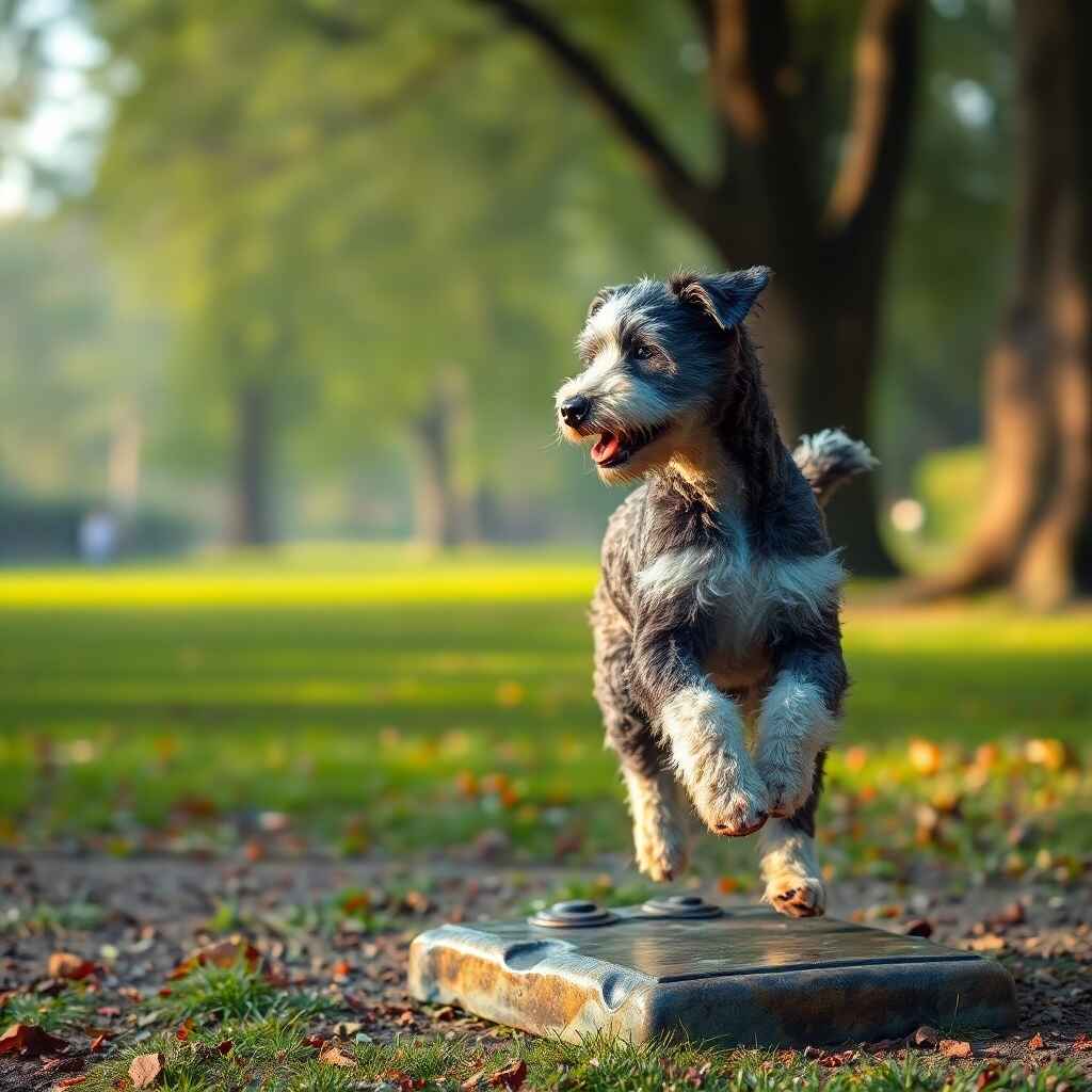 Cast bronze sculpture, soft dreamy atmosphere, hazy soft light, antique patina finish, an active young merle Aussiedoodle playing fetch in a park, ears perked, energetic stance