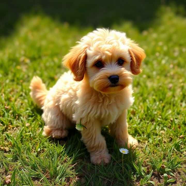 Goldendoodle sitting on a grass