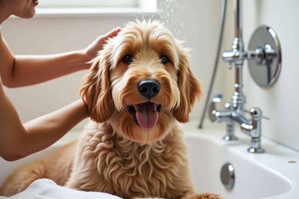 washing a Goldendoodle in bath tub