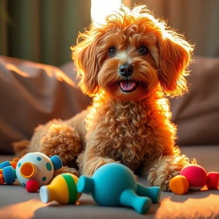 Photograph-of-a-large-apricot-Cockapoo-on-a-couch-with-toys-bathed-in-warm-golden-hour-light.-Bright-vibrant-colors-soft-light-lively-and-energetic-mood-just-after-sunrise-or-before-sunse