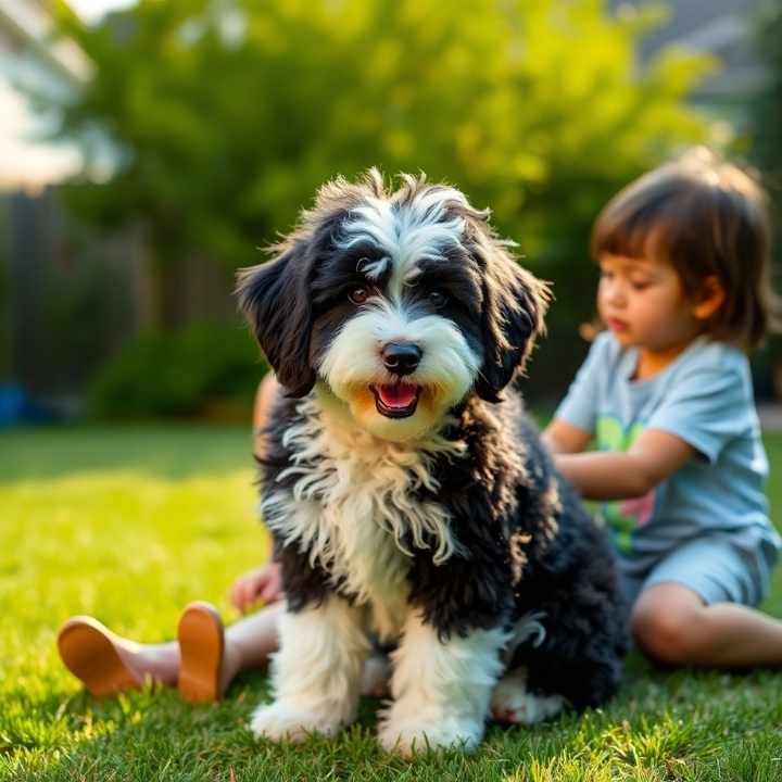 Sheepadoodle-with-a-fluffy-black-and-white-coat-sitting-protectively-and-playfully-with-children-in-a-suburban-backyard-professional-lighting