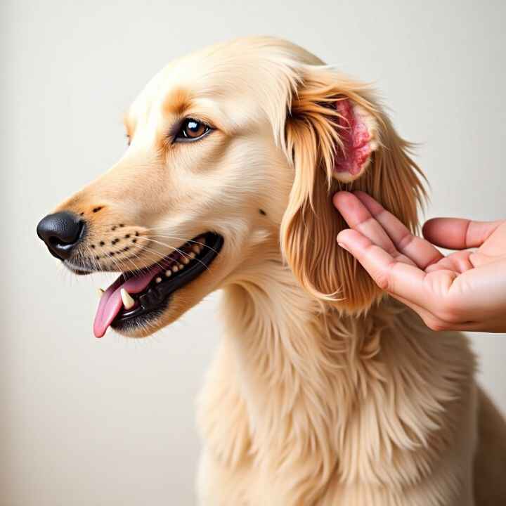 a Goldendoodle's red and inflamed ear showing signs of an ear infection