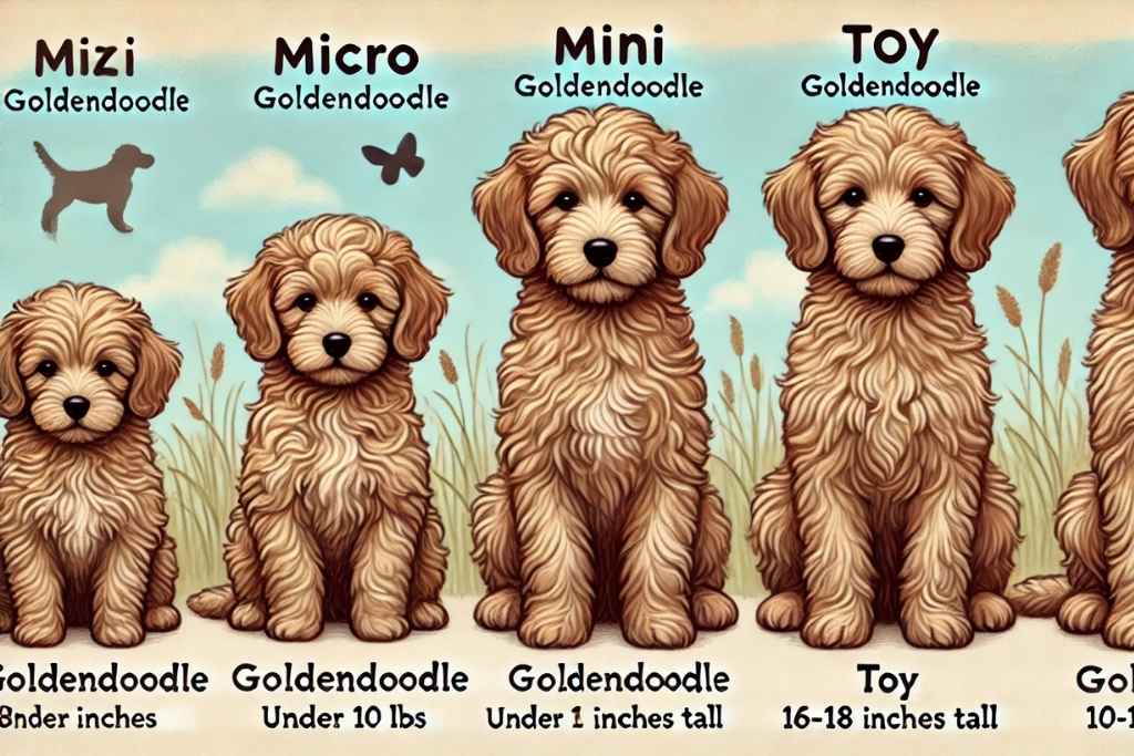 A fully illustrated and detailed visual comparison of Micro, Mini, and Toy Goldendoodles. Three adorable Goldendoodles are sitting side by side in an