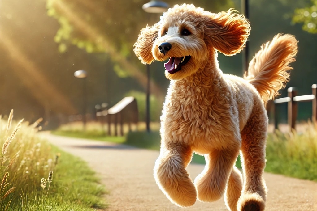 A realistic side-angle shot of a medium-sized Goldendoodle with a curly golden coat running energetically in a sunlit park. The goldendoodle has a joyful expression