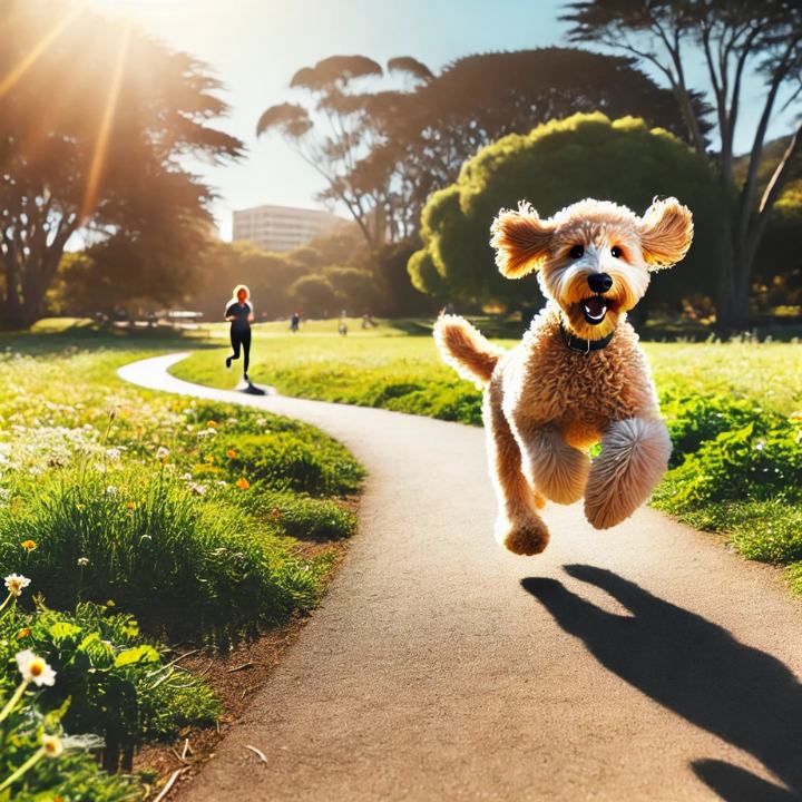 Goldendoodle running Fast on the road