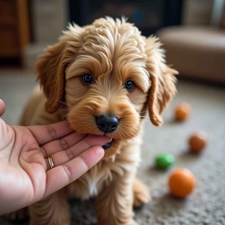 Goldendoodle Puppy biting in hand