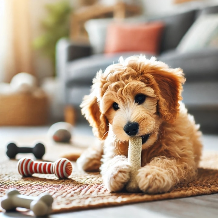 Goldendoodle Puppy chewing toys